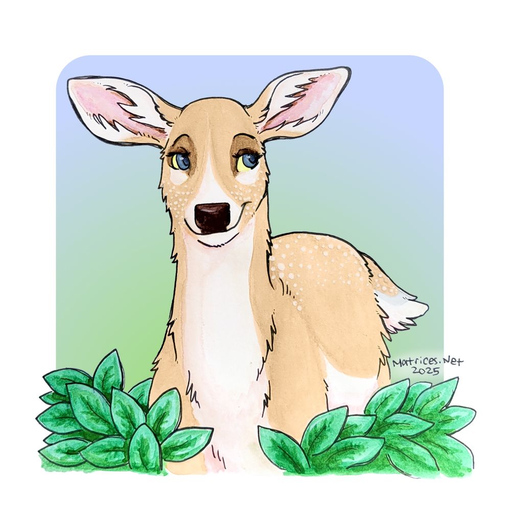 A cream and light peach colored deer with lots of little light colored freckles stands in the salal bushes with a gentile smirk. There is a light gradient from green to blue for the background. #art #furry #deer #watercolors