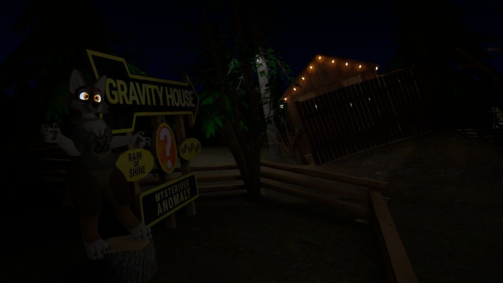 A dark fenced path with a tourist trap style sign that says "Gravity House" "Rain or shine" "Fun Fun Fun" and "Mysterious Anomaly." It is dimly lit with string lights. A cartoon coyote stands on a stump near the signboard. #vr #vrc #vrcworld #vrchatworld #vrchatcommunity VRChat_world紹介 #vrchat