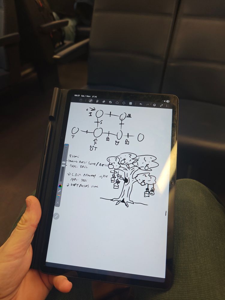 A photo of a tablet with a very minimalistic dungeon layout accompanied by a crude illustration of an apple tree with glass bottles suspended from the branches with ropes. Behind the drawing tablet the interior of a train is visible.
