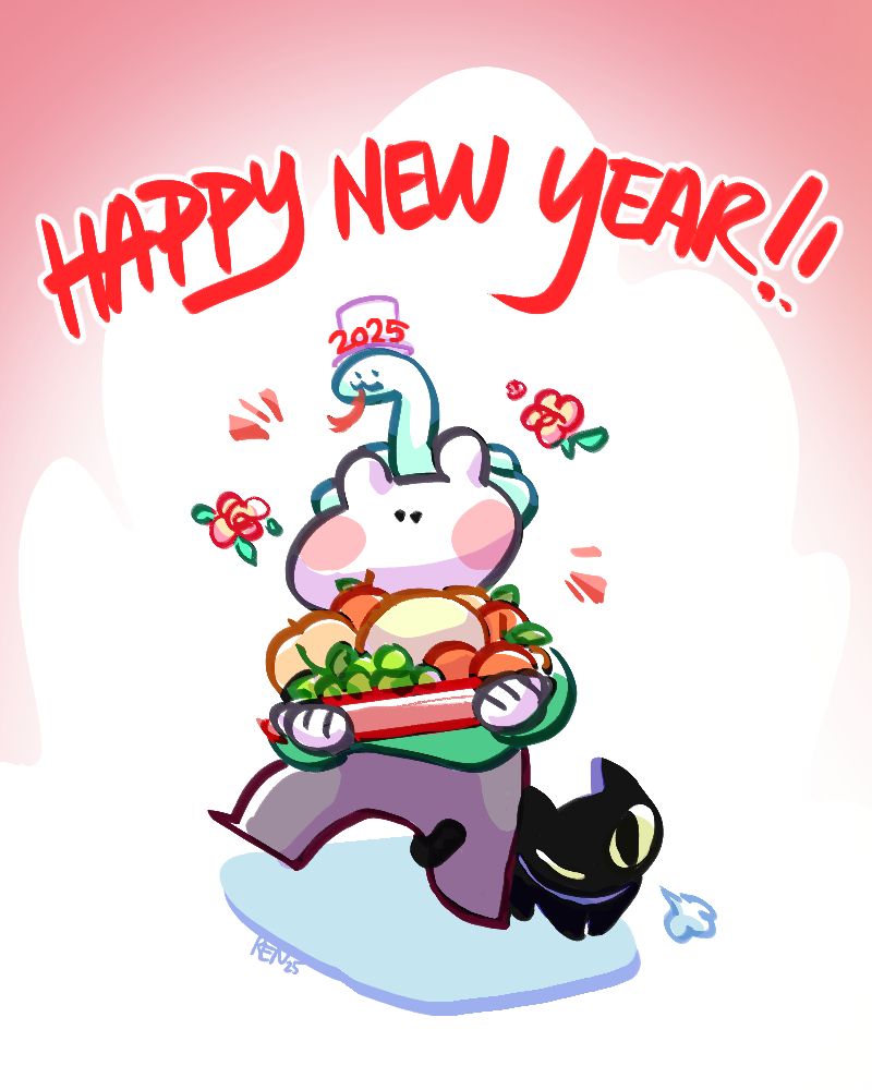 cactusbuns greets "happy new year!!" while holding a bundle of round fruits. a snake with a 2025 top hat sits on buns's head while a black cat coils its tail around their leg.