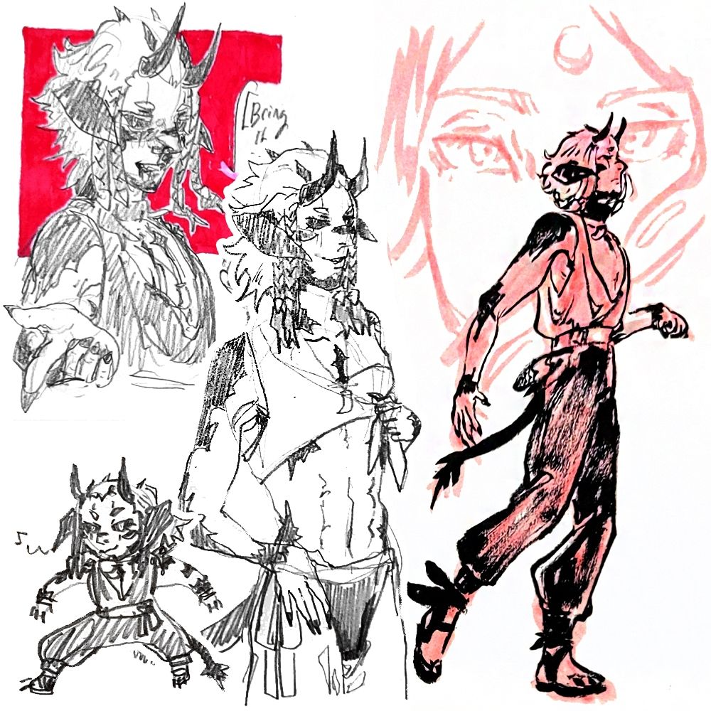 Collage of traditional sketches. Tserengei with a bloodied nose telling viewer to "Bring it on" (text partially covered), a half-body, a mischievous chibi, and a full body of him running, with Zenos' ghostly face behind him.