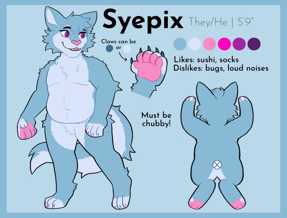 Ref sheet of Syepix the blue cat
Art by @atomicPitou.bsky.social