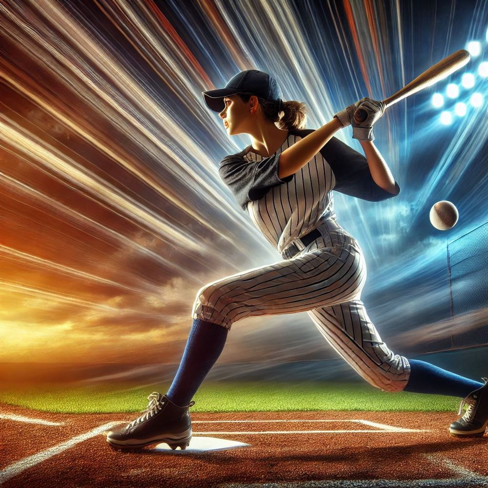 Prompt: Draw a picture of a woman playing baseball in actual baseball attire, in a respectful, realistic batting pose, in an action scene. The picture includes only her