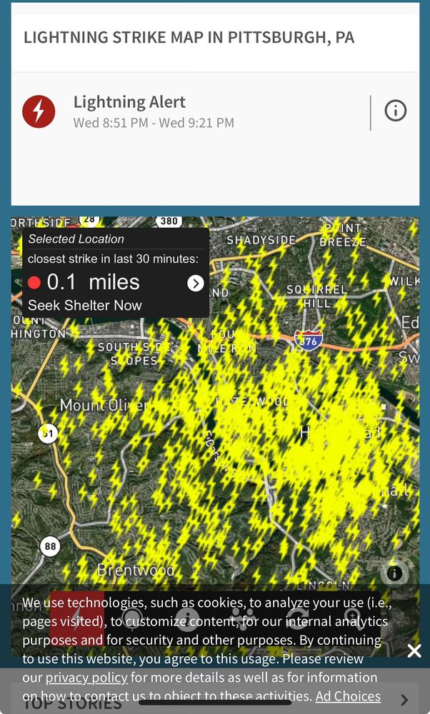 Lightning strike map showing saturation over Pittsburgh 