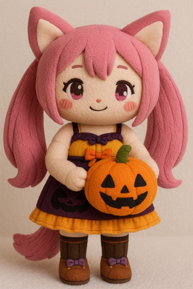 plushies made with chatgpt.
i wish i was good at sewing so i could make this, like they turned out so cute, lol.

i would pay for an actual version of this, like they're so cute XD.

oh the reason why there's 2 of the orange dress with pumpkins in her hand is because the first time chatgpt took away her pride tattoo on her face, but it was still cute so i kept it. i told it to fix the mistake and re-add it back on her and yeah😆