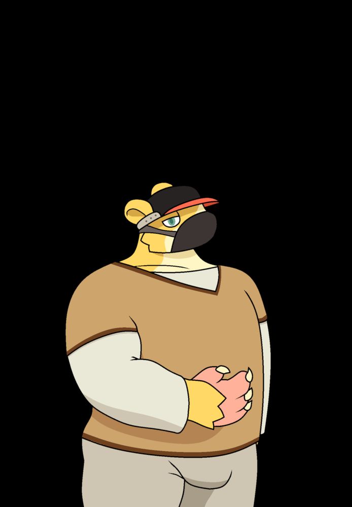 Chubby hamster man, wearing tan colors clothing and a baseball cap