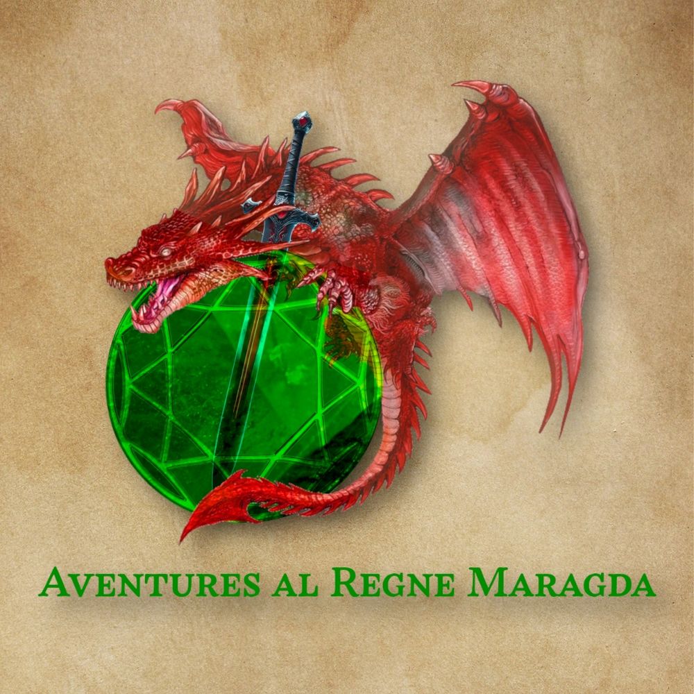 Logo de joc de rol amb un drac vermell que aguanta una pedra maragda travessada per una espasa.