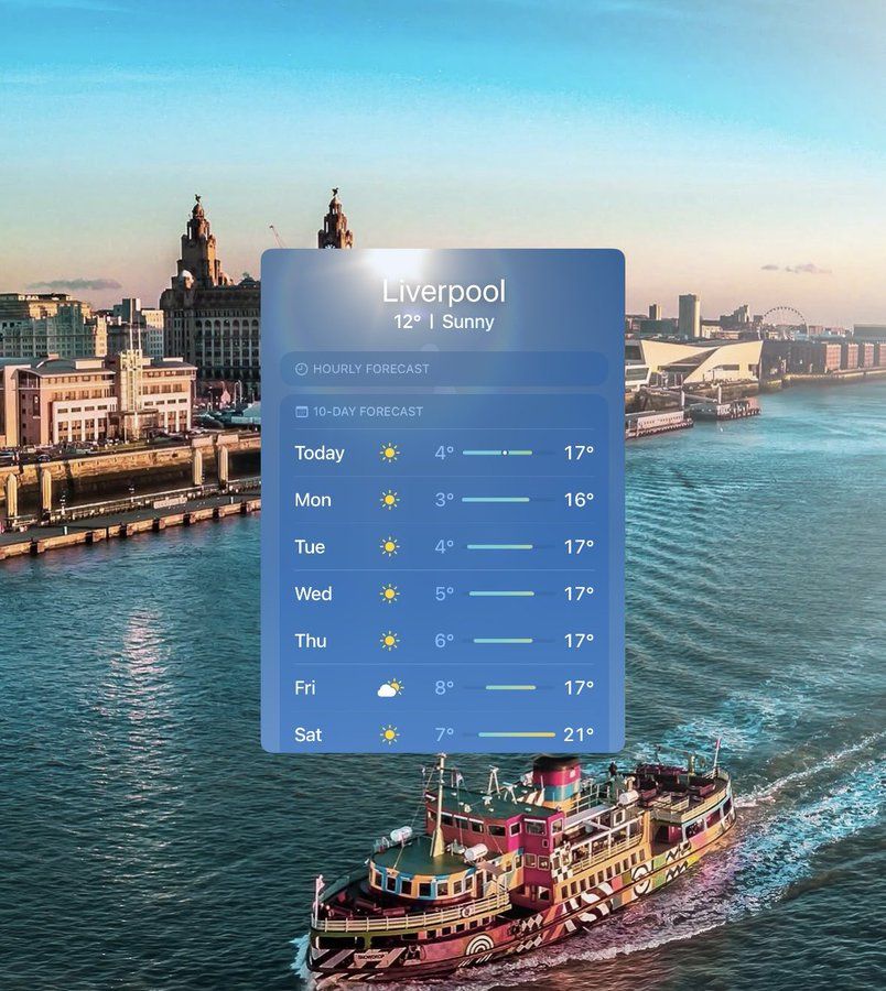 Weather forecast overlaying an image of the ferry on the River Mersey with Liverpool's waterfront in the background.