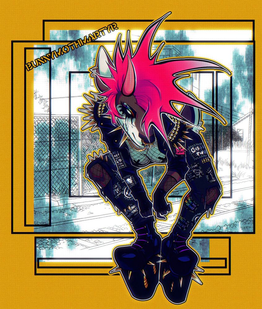 A digital illustration of a deer fursona with a pink mohawk and rainbow makeup; she wears a spiky black battle jacket, heavily patched pants and tall platform shoes