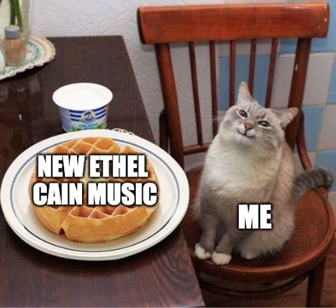 A cat, labelled "me", is sitting on a chair and smiling next to a plate of waffles, labelled "new Ethel Cain music".