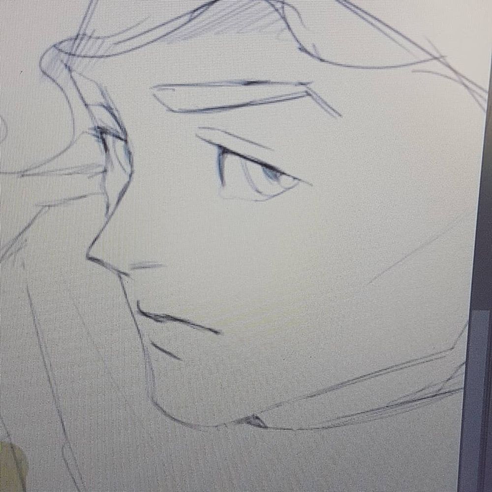 digital sketch of a characters face close-up, seen from above in 3/4, looking stern, the lines are only in a black pencil texture and extremely thin, done on a white canvas.