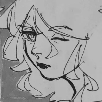 traditional sketch of a female character, seen from the neck up at a 3/4 angle, slightly frowning, one eye is closed, the character has wavy shoulder length hair, the drawing is made of soft black pen lines on white paper. her brows are slightly furrowed.