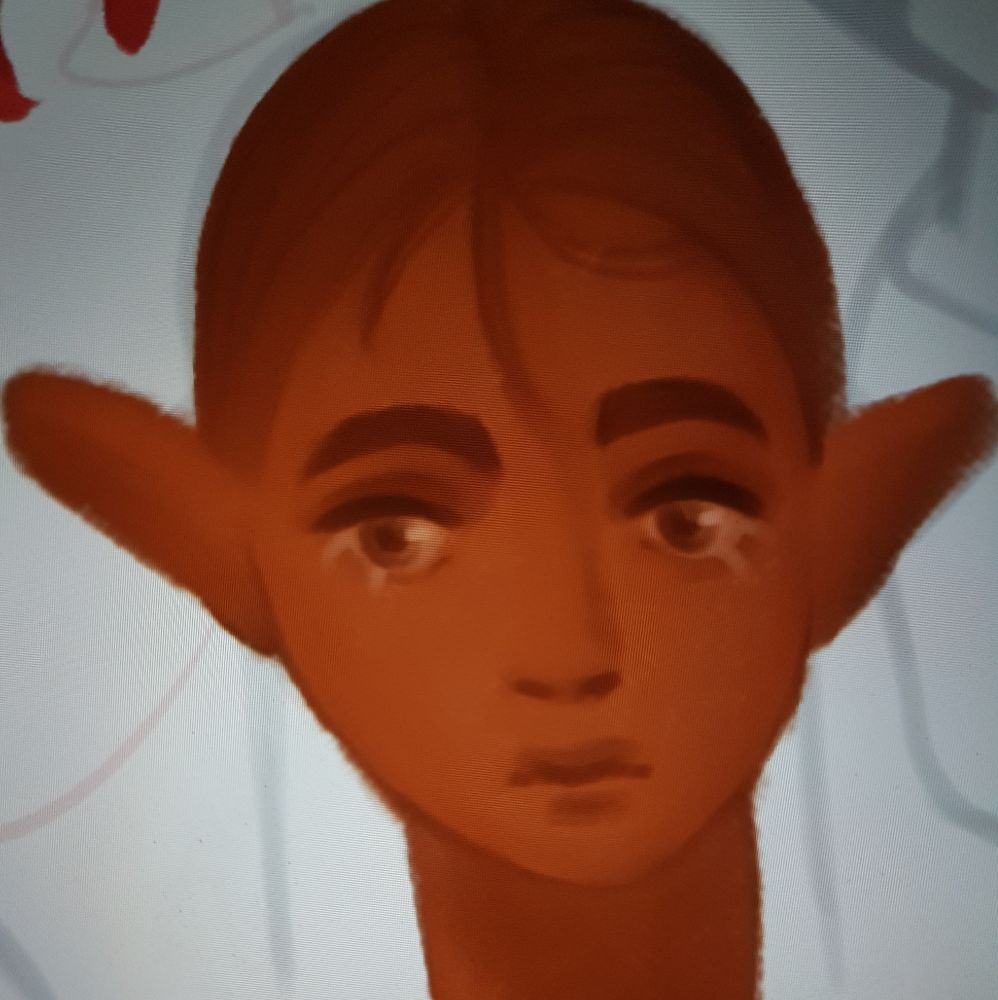 digital painting of a girl with soft features, slightly frowning. she has dark brown hair and very round eyes, brown skin and pointy elf ears. a loose strand of hair is in her forehead. the painting has a very soft crayon texture.