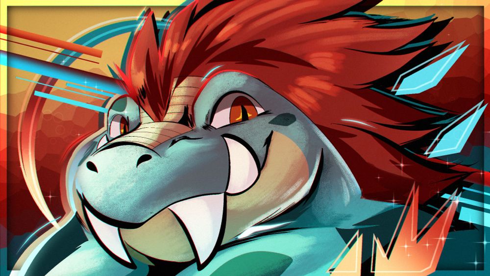A half-dragon Feraligatr with a long flowing mane, a big snout, big pecs, and sharp teeth.