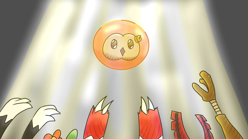An orange Solosis with a confident expression hovering over a set of outstretched arms under a beam of heavenly light.