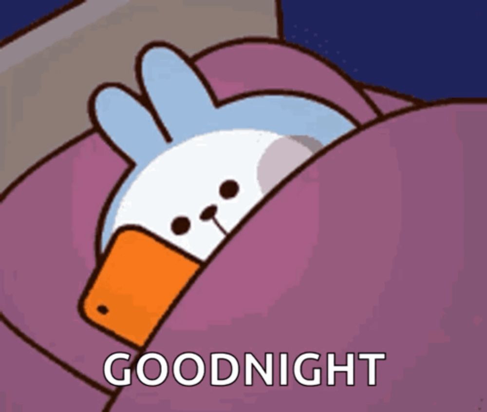 a cartoon of a duck sleeping in a bed with the words goodnight written below it