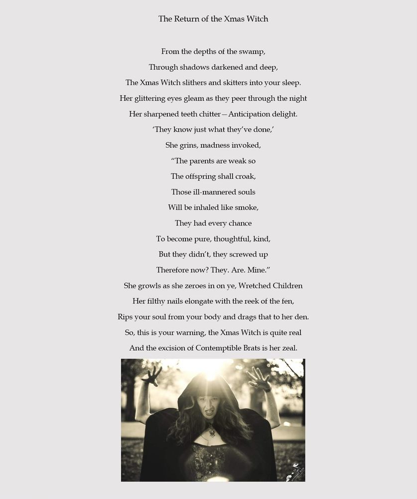 poem text with attached image of a cloaked witch in spellcasting pose backlit by a low-lying sun