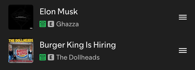 spotify playlist
- Elon Musk by Ghazza
- Burger King is Hiring by The Dollheads
