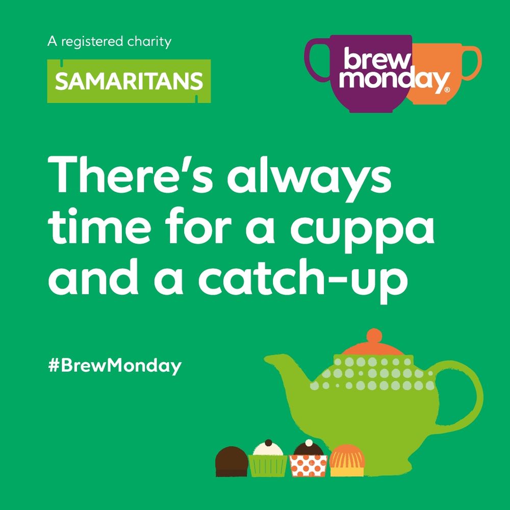 Samaritans Brew Monday promotional image: logo, teapot and cakes