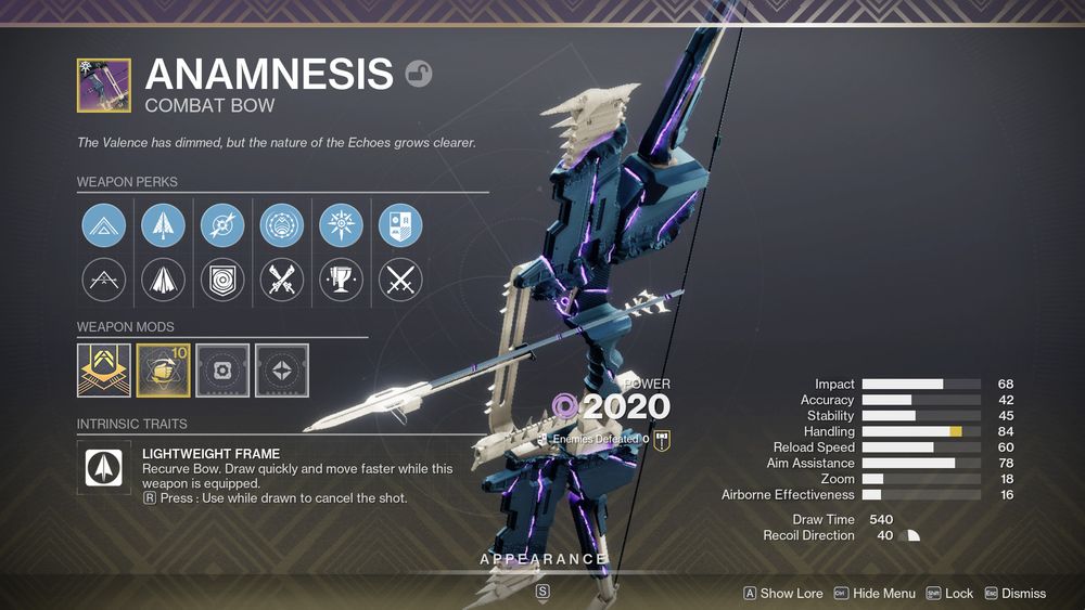 An in-game screenshot of Destiny 2 which shows a god roll of Anamnesis, a void element bow.