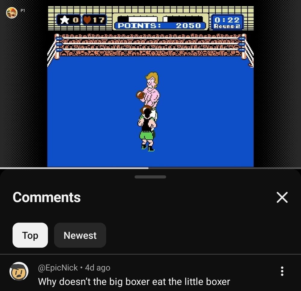 A YouTube video of Little Mac versus Glass Joe in Punch-Out!! for the NES. A comment from EpicNick reads "Why doesn't the big boxer eat the little boxer"