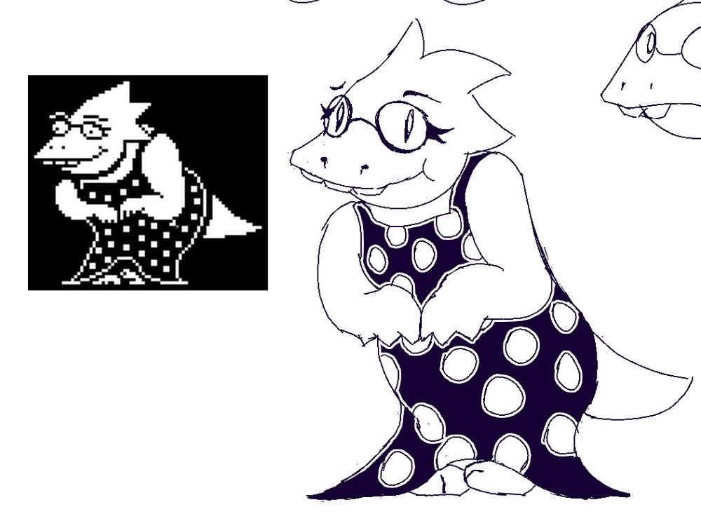 monochrome alphys from undertale wearing the polka dot dress