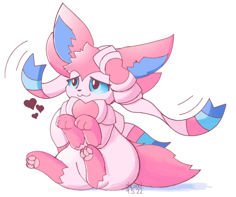 sylveon sitting down with their front paws held above their chest and waving their ribbons around. heart symbols to their right and dated May 9th 2022 by dacoool