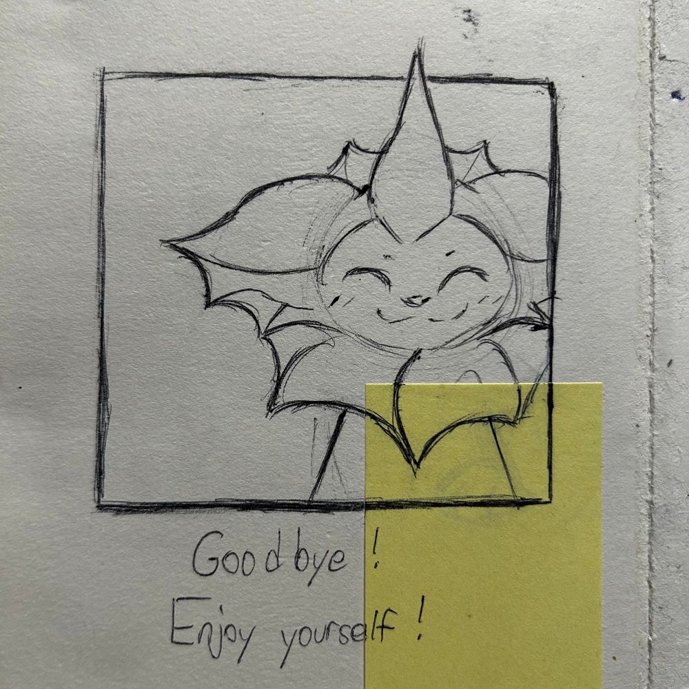 ink drawing vaporeon in a frame with the words "Goodbye ! / Enjoy yourself !" written underneath