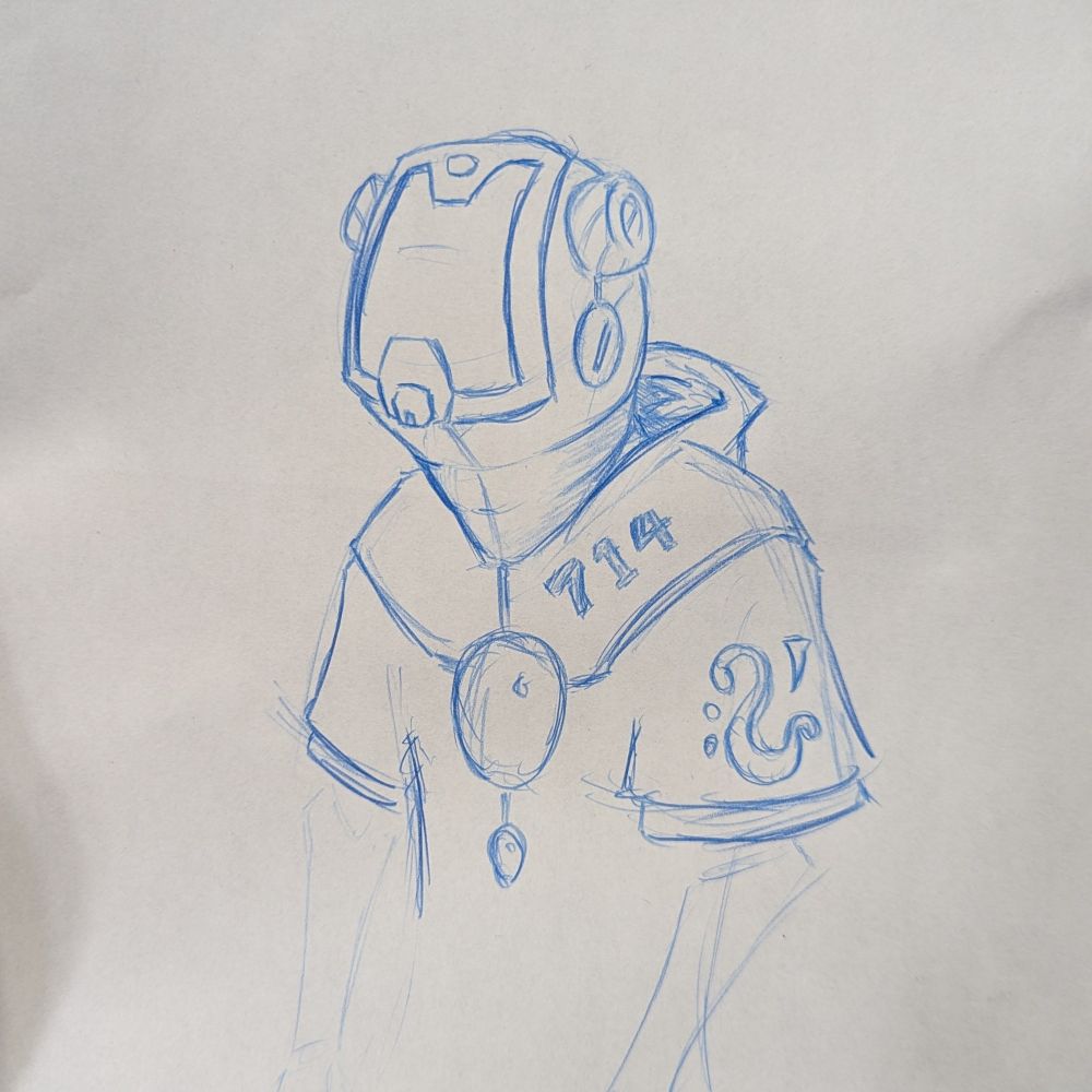 The original pencil sketch I found in an old sketch book - it shows a character in a hoodie, worn over a full enclosed helmet.