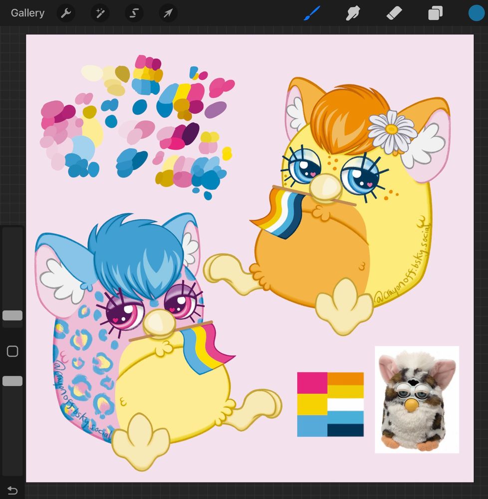 Digital drawing of two Furbies sitting and holding pride flags in their beaks, one is holding the pan pride flag and the other the aroace pride flag. 