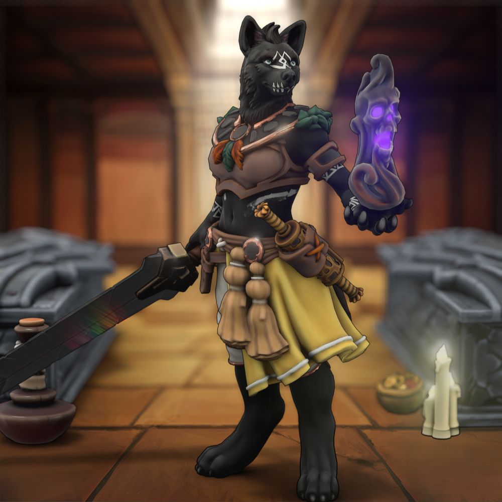 Zaniyah, Xolo shifter(?) Hexblade Warlock, indebted to retrieving ancient artifacts stolen by adventurers - a job she's honestly on board with. Holding an obsidian blade and casting a spell, she stands sentinel in a tomb surrounded by stone caskets and belongings meant to accompany their owners in the afterlife.