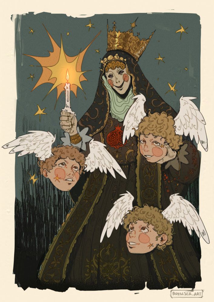 A vertical illustration of a virgin-like figure, dressed in black and gold, with a big golden crown and a porcelain mask for a face, holding a candle. Wax is dripping from it. There are 3 cherubs surrounding the central figure.