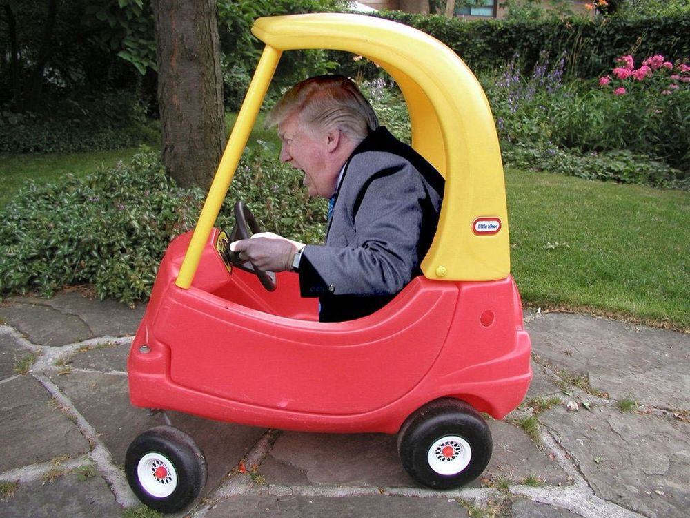 Angry Trump driving a toy car