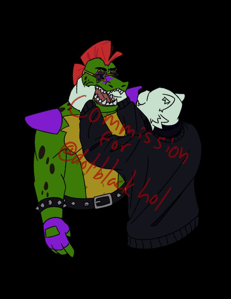 monty from fnaf security breach being grabbed by the mouth by an anthro polar bear in a black sweater