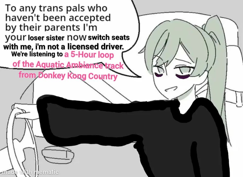 (tired girl driving) to any trans pals who haven't been accepted by their parent i'm your loser sister now switch seats with me, i'm not a licensed driver. we're listening to a 5-hour loop of the aquatic ambiance track from donkey kong country