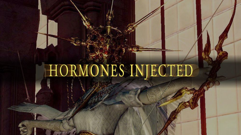 HORMONES INJECTED, Dark Souls font, background this week is Dark Sun Gwyndolyn from the game in question