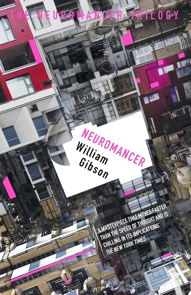 Cover image of Neuromancer by William Gibson. The depicts a clash of crowded city buildings. Almost impossible architecture with walls and windows overlapping and joined in unexpected ways. It's difficult to tell up from down from sideways. The feeling is claustrophobic.
