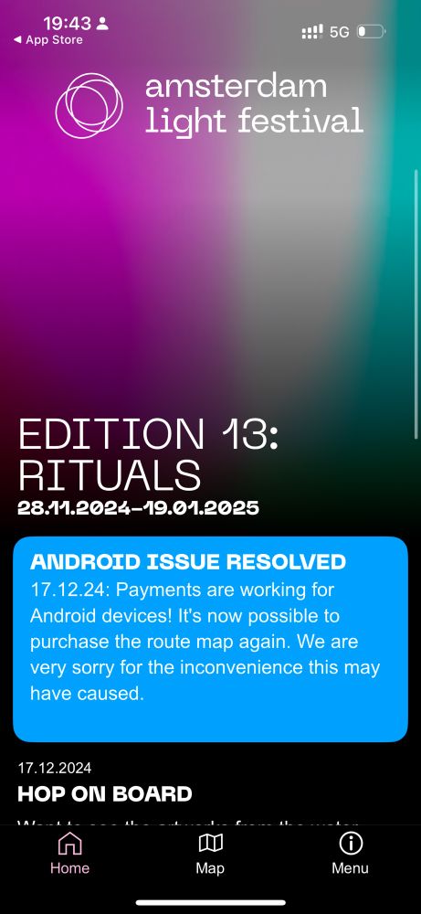 iOS screenshot of an app showing a message about an Android issue that is resolved