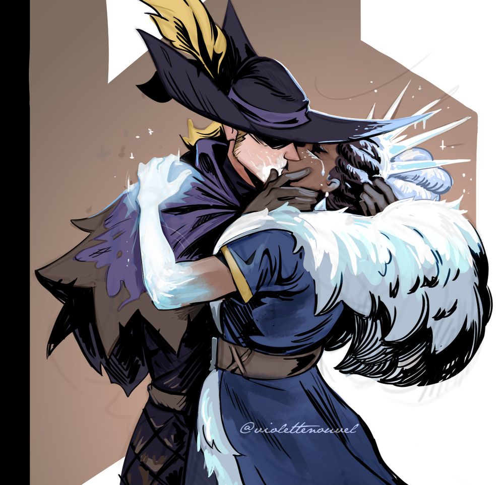 Digital sketch of the Pied Piper and the Snow Queen from video game "Ravenswatch", reenacting the pose from Francisco Hayez's "Il Bacio" : The Pied Piper is a blond man dressed in raggedy purple medieval clothes and donning a triangle-shaped hat. The Snow Queen, a black woman in a blue and white fur coat, her hair adorned with an ice crown. The Piper is cradling her face and kissing her under the brim of his hat. Her touch is freezing his lips and his shoulder. A single tear escapes her eye. 