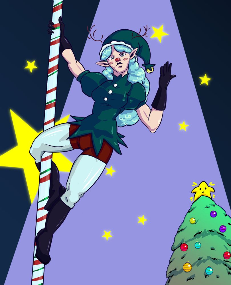 An elven woman looks down at the viewer disdainfully while poledancing on a candy cane pole. She is wearing a festive green dress. A red nose and small antlers indicate she is dressed as Rudolph. Friends have commented that she has thighs to crush heads with.

The background is adorned with a light and stars as though she were on a stage. A Christmas tree is in the lower right to show she is high up. The tree is topped with a star that has a small smiley face. The star looks very friendly.