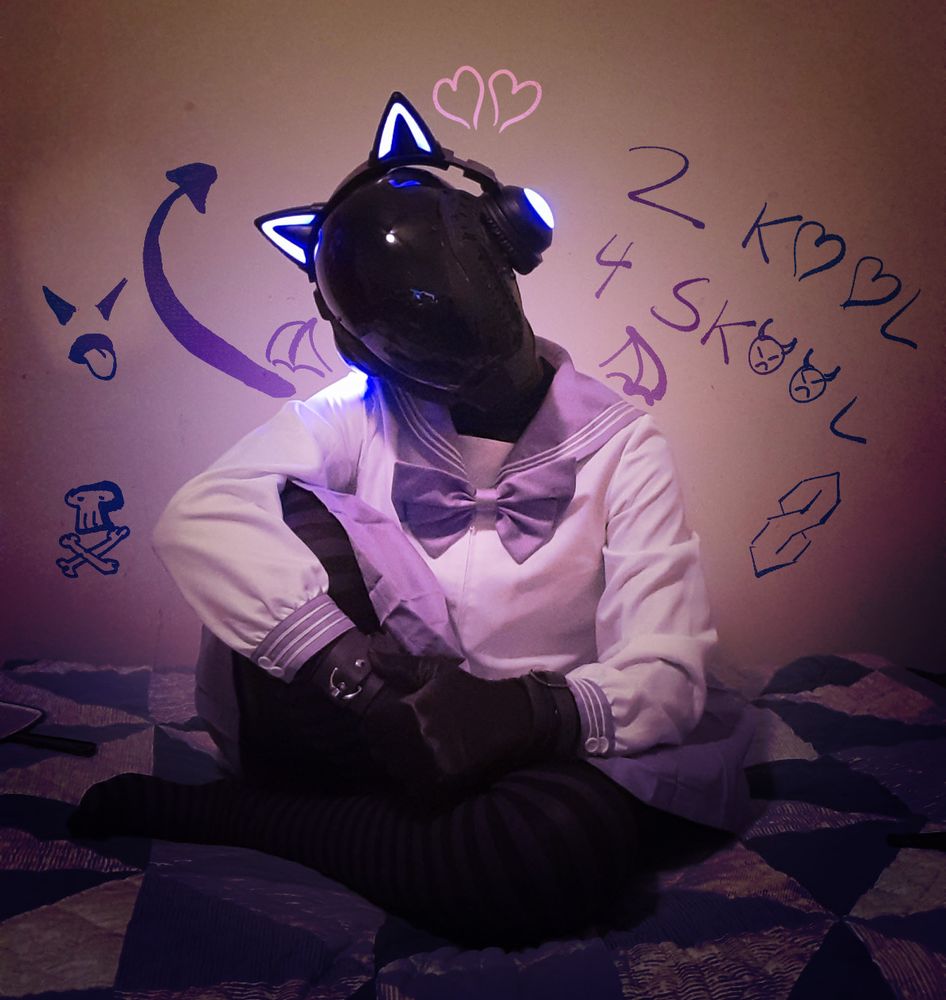 A faceless drone with lit up cat ear headphones sitting on a bed, their head tilted. They wear a purple and white schoolgirl uniform and purple and black striped socks. Around them is graffiti including a cool S, a skull and crossbones, an angry face sticking out its tongue, bat wings, a devil tail and the words "2 Kool 4 Skool" in purple. Pink hearts float above their head.