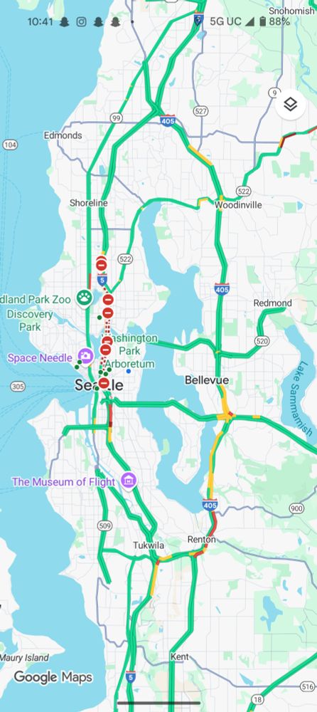 traffic map of Seattle, not much traffic 
