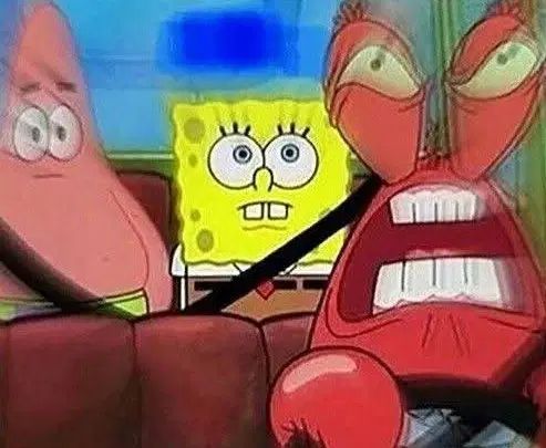 mr krabs very pissed off driving a car with SpongeBob and Patrick in the backseat 