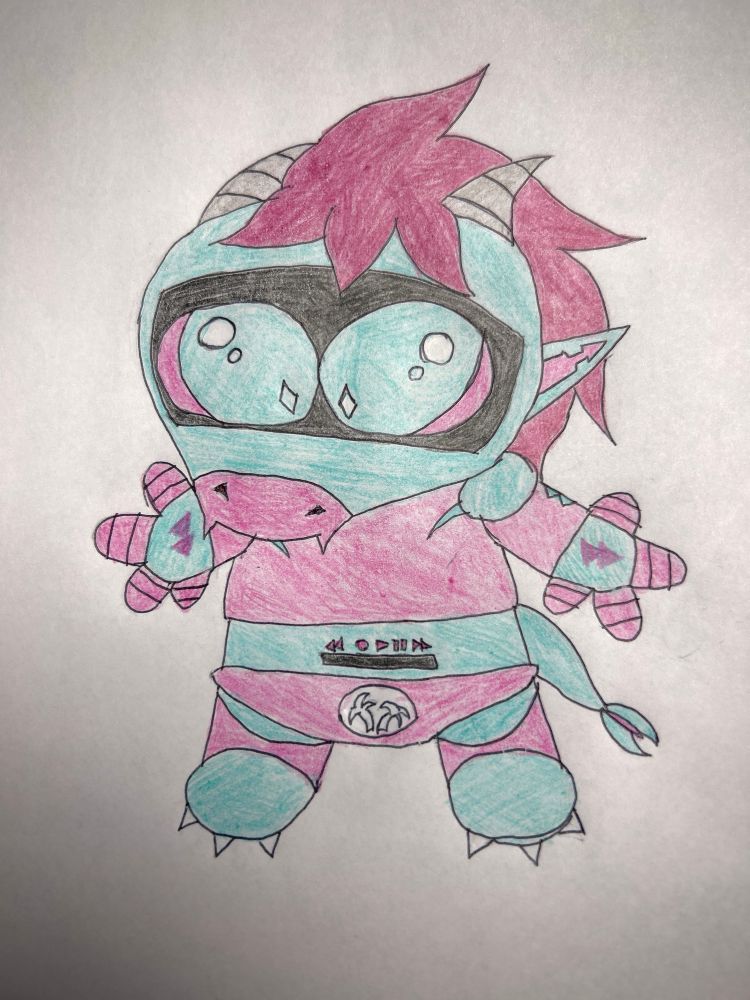 Traditional drawing of Zedah in the “lil guy” meme format with huge eyes and stubby hands