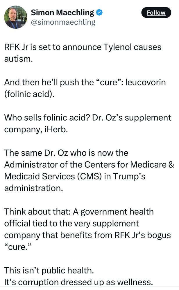 Post by Simon Maechling postulating that Dr Oz (who works for Trump) just happens to have a "cure" to replace Tylenol through his iHerb company. It's corruption dressed up as wellness.