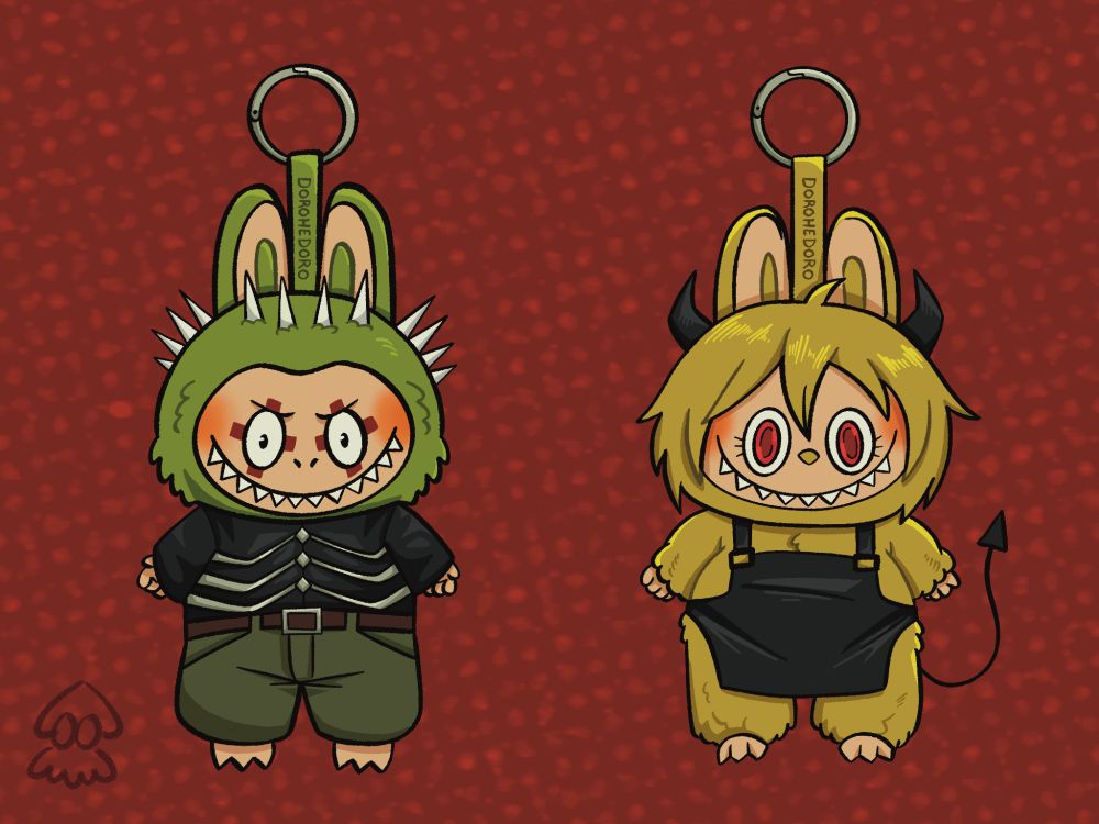 a digital drawing of the characters caiman and nikaido from the anime series dorohedoro stylized as the popular keychain plushes labubus, featuring caiman on the left and nikaido's early demon form on the right