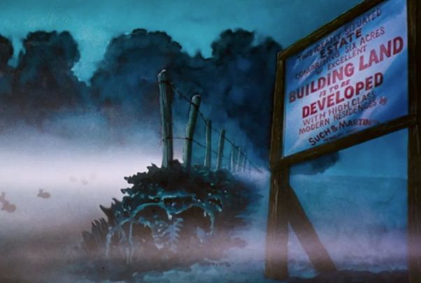 Still from Watership Down showing construction site sign