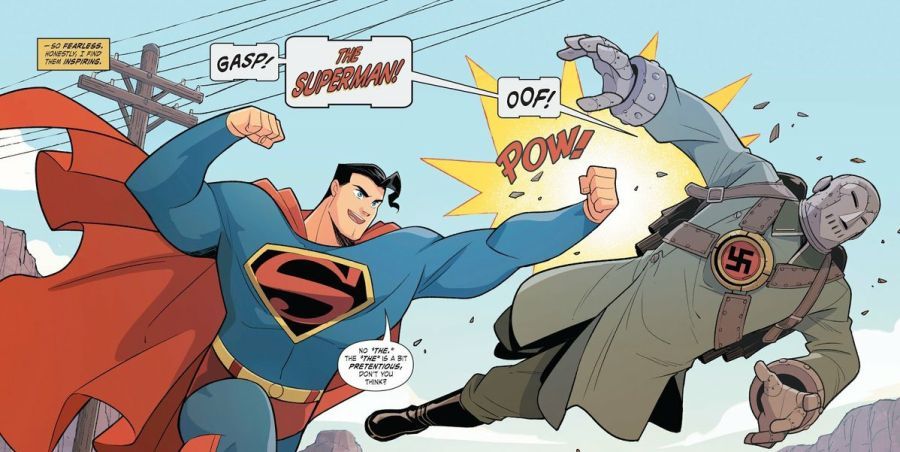 Viñeta de Superman VS el Klan, donde el superhéroe golpea con jolgorio a un superhéroe nazi. Obra de Gene Luen Yang.