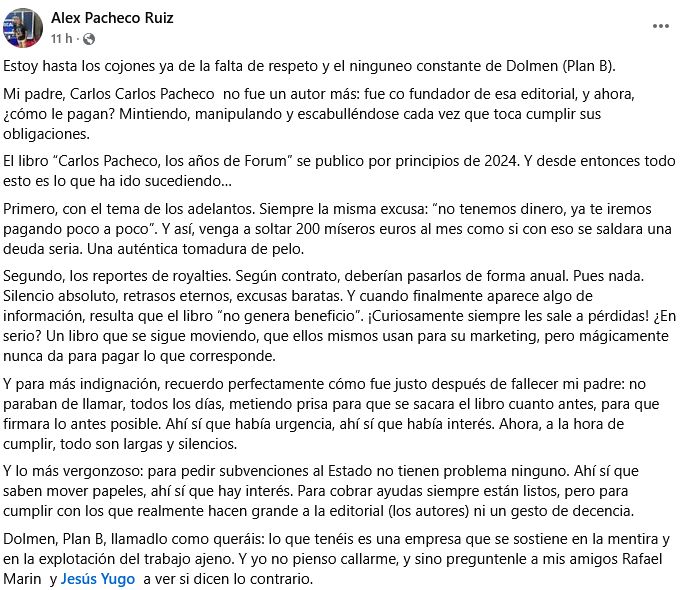 Captura del post de Alex, dice: 