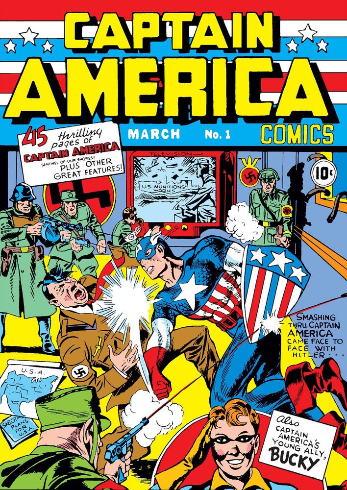 Portada de Captain America #1, donde podemos verle golpeando a Hitler en su despacho. Obra de Jack Kirby.